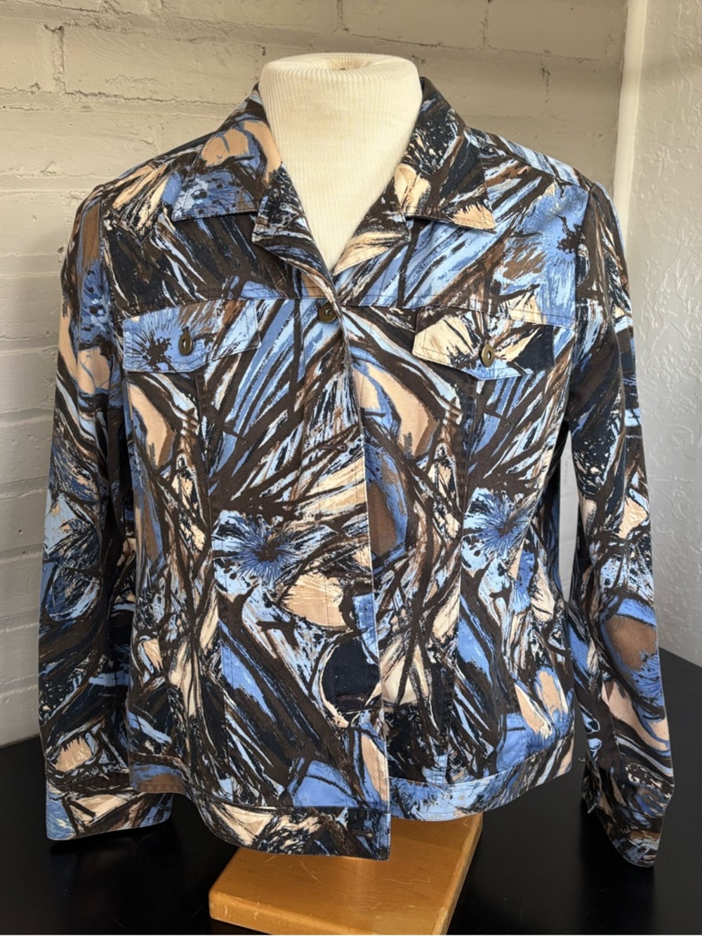 Christopher & Banks Blue, Brown and Cream Abstract Button-Front Top